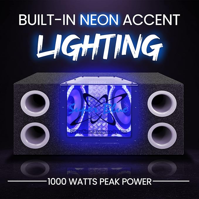 Pyramid 1000W Dual Bandpass Speaker System - Car Audio Subwoofer w/ Neon Accent Lighting, Plexi-Glass Front Window, 4 Tuned Ports, Silver Polypropylene Cone & Rubber Edge Suspension - Pyramid BNPS102