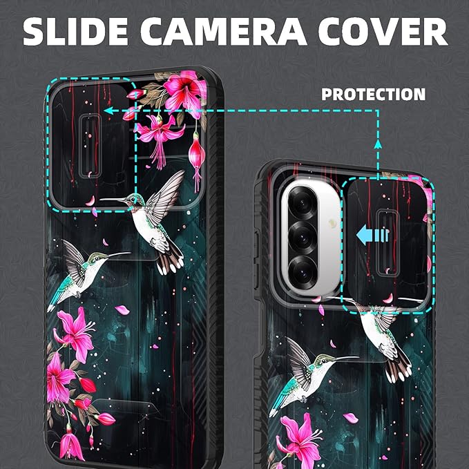 for Galaxy A26 5G Case Built in Slide Camera Lens Cover,Heavy Duty Shockproof Protection Dual Layer Case for Samsung Galaxy A26 5G 6.7" 2025,Flower Hummingbird