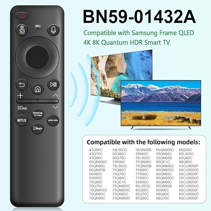 BN59-01432A Solar Voice Remote Replacement for Samsung TV Remote with Bluetooth Rechargeable Solar Cell, Compatible with Samsung Neo QLED S90D Smart 8K HDR Ultra HD TVs, VG-TM2360E 2023 Model, Black