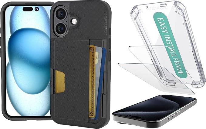 Smartish iPhone 16 Wallet Case + 2-Pack Tempered Glass Screen Protector Bundle - Wallet Slayer Vol 2 + Tuff Sheet - Protective Case Wallet with Crystal Clear Screen Protection - Black
