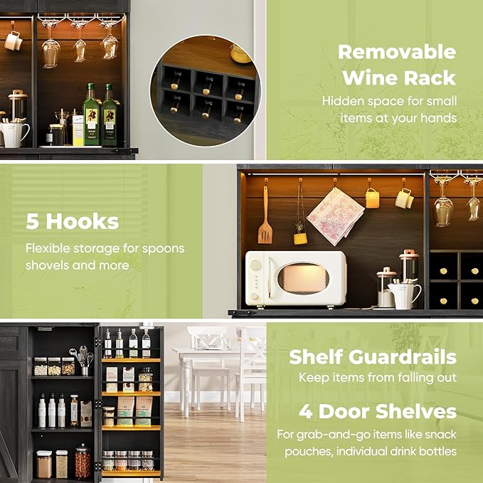 Dripex 71" Pantry Cabinet with Charging Station, Farmhouse Kitchen Pantry Storage Cabinet with Outlet & LED Light, Microwave Stand, Tall Kitchen Hutch with Storage for Living Room, Dining Room, Black