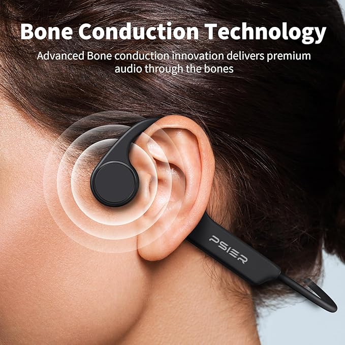 PSIER Bone Conduction Headphones, Open-Ear Bluetooth 5.4 Wireless Sport Headphones, Bone Conduction Earbuds 10H Playtimes with Mic, IPX6 Waterproof Earphones for Hiking, Cycling, Gym, Black