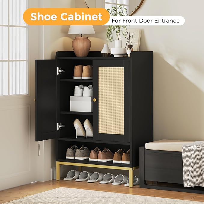 JASIWAY Rattan Shoe Cabinet Storage for Entryway, Shoe Cabinet with Adjustable Shelves for Entryway, 5-Tier, 20 Pair Shoe Rack Storage for Hallway, Closet, Living Room, Black