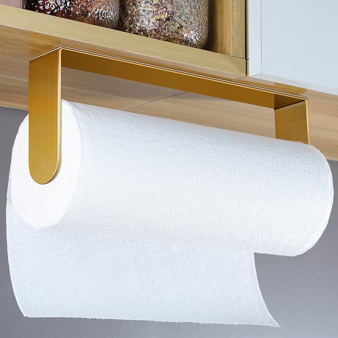 YIGII Adhesive Paper Towel Holder Under Cabinet - Single Hand Operable Paper Towel Rack Stick on Counter for Kitchen, SUS-304 Stainless Steel (Brushed Gold)