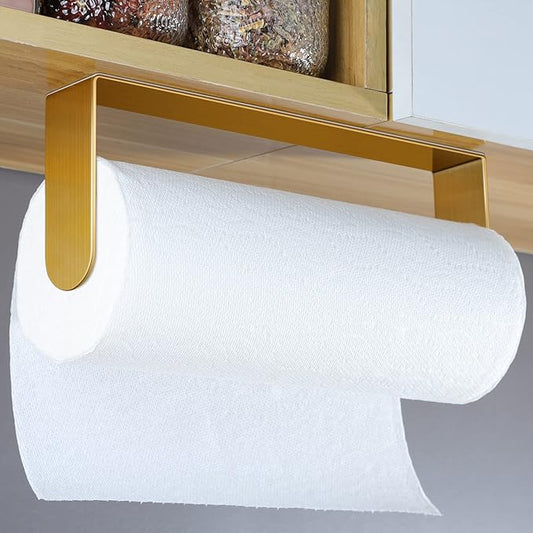 YIGII Adhesive Paper Towel Holder Under Cabinet - Single Hand Operable Paper Towel Rack Stick on Counter for Kitchen, SUS-304 Stainless Steel (Brushed Gold)