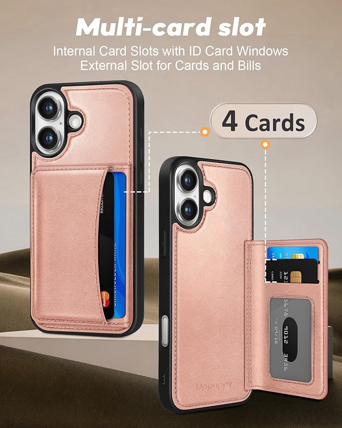 for iPhone 17 Case with Wallet - Fits 4 Card Slots, Compatible with MagSafe for Women Aesthetic Durable PU Leather Credit Card Holder Kickstand Phone Cover for Apple 17, Rose Gold