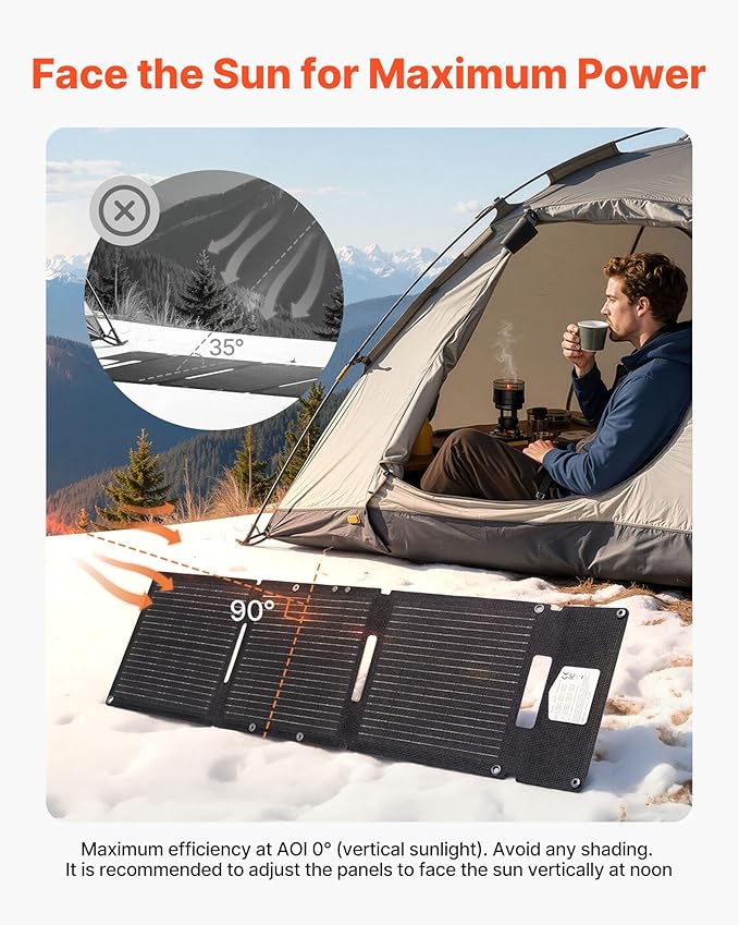 VEVOR 30W Foldable Solar Panel Charger, 16BB N-Type Monocrystalline Solar Panel 24% Efficiency, Ultra-Light Portable with USB-A, USB-A (QC3.0) & Type-C Ports for Camping, Backpacking, Phones, Tablets