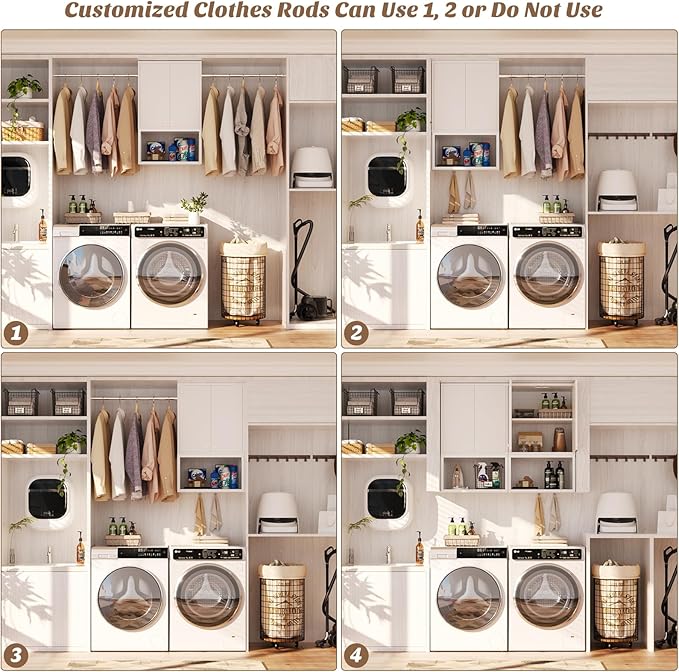 Homieasy Wall Cabinet with 2 Hanging Rods, 67'' Wide Laundry Wall Cabinet with 2 Doors, Open Rack & Adjustable Inner Shelf, Storage Cabinet Wall Mounted for Laundry & Bathroom, White