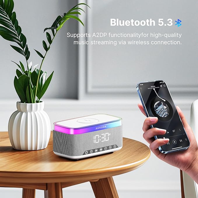 S300 10W Stereo Bluetooth Speaker with 15W Fast Wireless Charging, 13-Color Night Light, Alarm, White Noise, FM Radio, Portable, TWS, BT5.3, for PC, Smartphone, Home, Office & Bedroom (White)