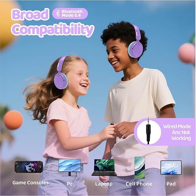 MIDOLA Active Noise Cancelling Kids Headphones Bluetooth 5.4 Wireless Volume Limited 85/94dB,Type C Fast Charging,Over Ear Foldable with Mic Aux Cord for Toddler Child Pad Tablet Purple