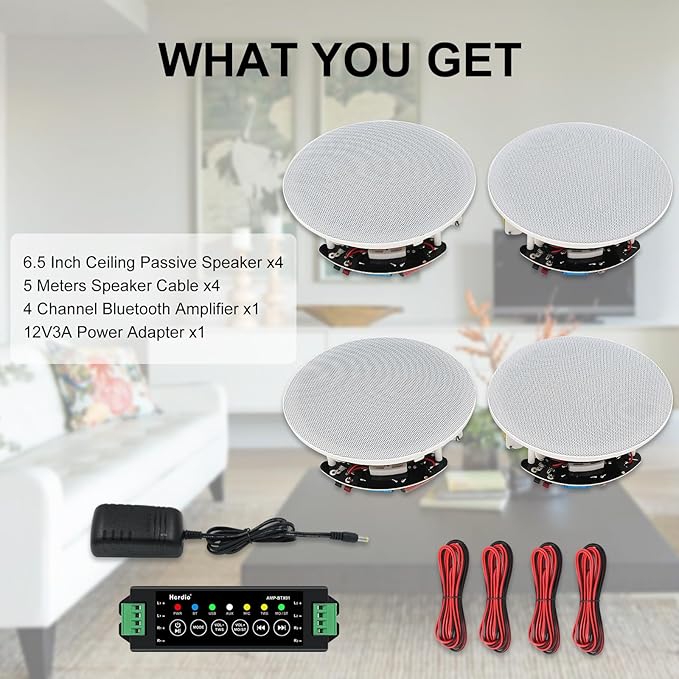 Herdio 6.5" 600 Watts Bluetooth Ceiling Speakers Wireless Home Recessed Speaker System Suitable for Indoor,Kitchen,Home Theater,Bedroom,Office,Covered Patio（4 Speakers）