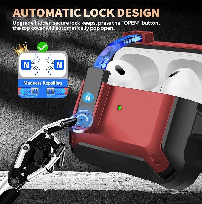 for Airpods Pro 3 Case with Magnetic Automatic Lock, Rugged Apple Airpods Pro 3rd Generation Cover 2025, Armor Shockproof iPod Pro3 Gen Protective Shell with Carabiner&Cleaner kit, Black/Red