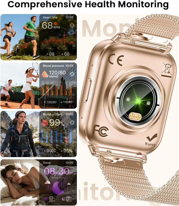 Smart Watch for Women, 1.83" HD Touch Screen Smartwatch, 1000mAh Battery, Bluetooth Calling, Heart Rate, SpO2, Sleep Monitor, 120+ Sports, IP68 Waterproof, 2 Bands Compatible iPhone Android, RoseGold