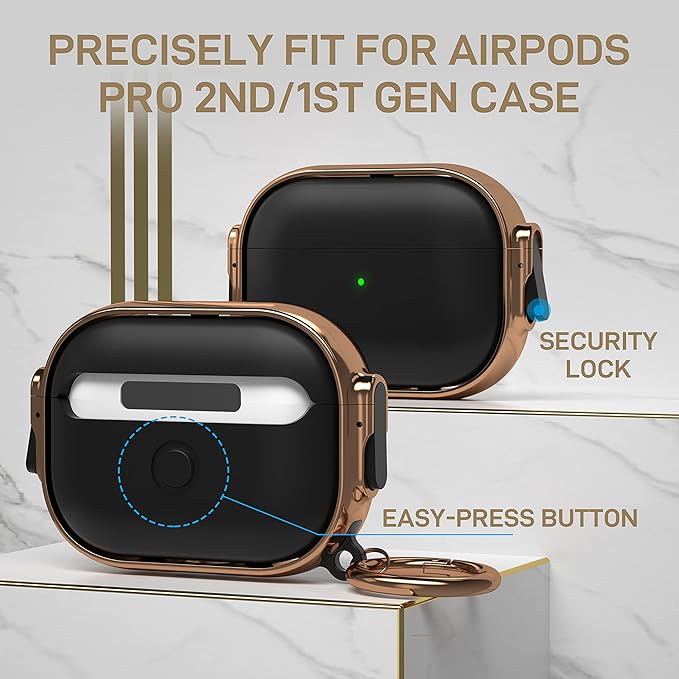 Maxjoy for AirPods Pro 2nd/1st Generation Case with Lock, Cute AirPods Pro 2 Case Lock Protective Hard AirPod Pro Cover for Women Men with Keychain for Airpod Pro (2023/2022/2019), Black/Rose Gold