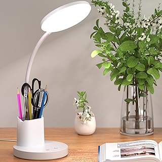LED Desk Lamp for College Dorm with Pen Phone Holder, White - Image 1