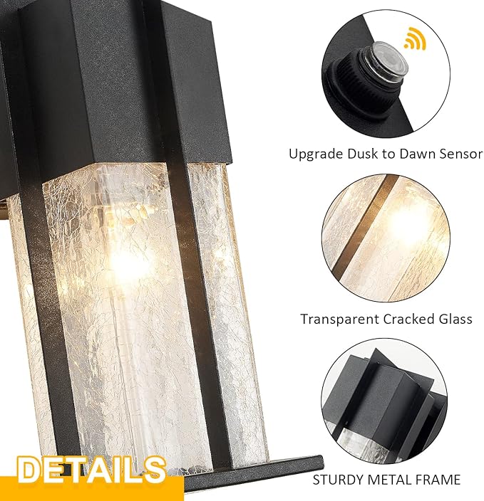 Dusk to Dawn Wall Light, Modern Outdoor Wall Lighting with Crackle Glass, Exterior Wall Mount Light Fixture with Sensor, Outdoor Lights for House, Garage, Front Door Light, Black