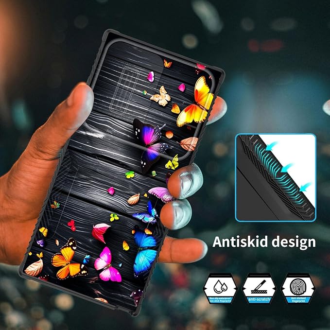 for Galaxy S25 Ultra Case Built in Slide Camera Lens Cover,Heavy Duty Shockproof Protection Dual Layer Case for Samsung Galaxy S25 Ultra 6.9" 2025,Colorful Butterflies on Wooden