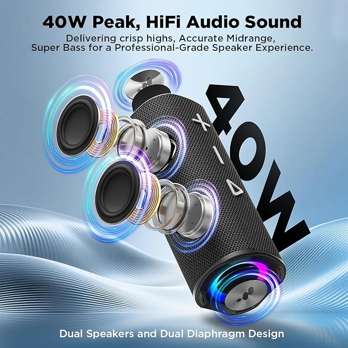 MIATONE Bluetooth Speaker 40W BT 6.0 Outdoor Portable Bluetooth Speakers with 3 EQ,Deep Bass,24H Playtime TWS,IPX7 Waterproof Shower Speakers Bluetooth Wireless Portable Speaker for Party/Beach-Black