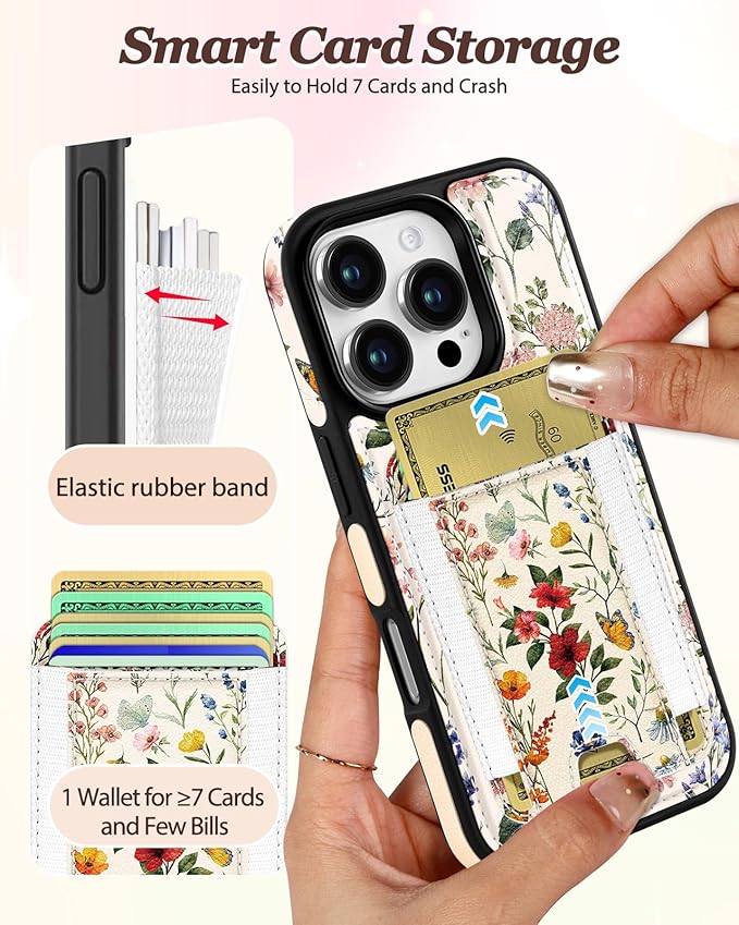 Shorogyt for iPhone 16 Pro Max Case Wallet - Fits 5 Cards, Compatible with Magsafe Detachable Magnetic Credit Card Holder Leather Cardholder Cute Phone Cover Women Girls for Apple 16 ProMax, Floral