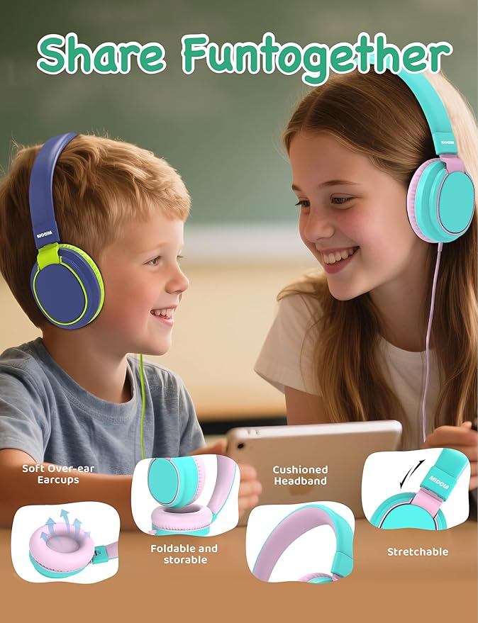 MIDOLA Kids Headphone Wired Volume Limited 85/94dB Over-Ear/On-Ear Foldable Headset with Microphone Hearing Protection Headphones for Toddler Boy Girl Child School Learning Pad Tablet Cyan