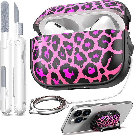 RFUNGUANGO is Compatible with AirPods Pro 3 Protective case, with Mobile Phone Holder Function, Multiple Colors Available, Suitable for AirPods Pro 3 Protective case,Black + Rose Red Leopard Print