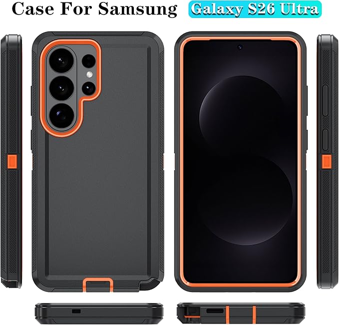 ONOLA Phone Case for Samsung Galaxy S26 Ultra Case with HD Screen Protector, Heavy Duty Shockproof & Dropproof 3-Layer Cover Phone Case for Galaxy S26 Ultra 6.9'',BlackOrange