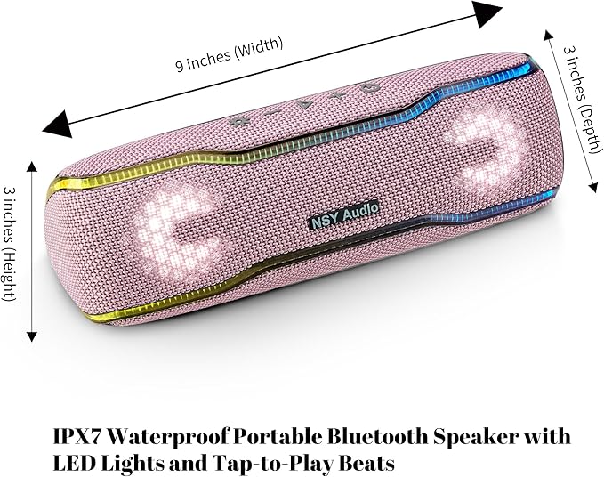 Bluetooth Shower Speaker, IPX7 Waterproof Portable Wireless Speaker, 24H Playtime, LED Lights, TWS Pairing, for Parties, Beach, Travel, Pool, Gifts, Pink