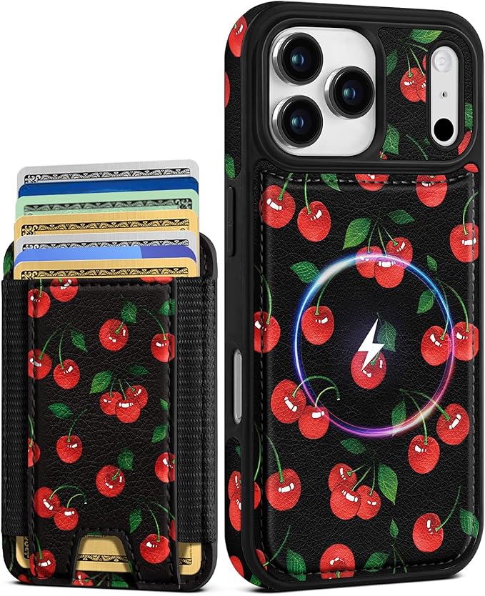 Shorogyt for iPhone 17 Pro Case Wallet - Fits 5 Cards, Compatible with Magsafe Detachable Magnetic Credit Card Holder Leather Cardholder Cute Phone Cover Women Girls for Apple 17Pro, Cherry