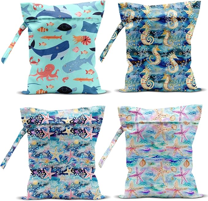 4 Pack Wet Bag for Swimsuit, Beach Travel Essentials Wet Dry Bag, for Sunscreen Toiletry Dirty Clothes Yoga Gym Diaper, Friend Summer Beach Vacation Gifts. Marine Animal Series