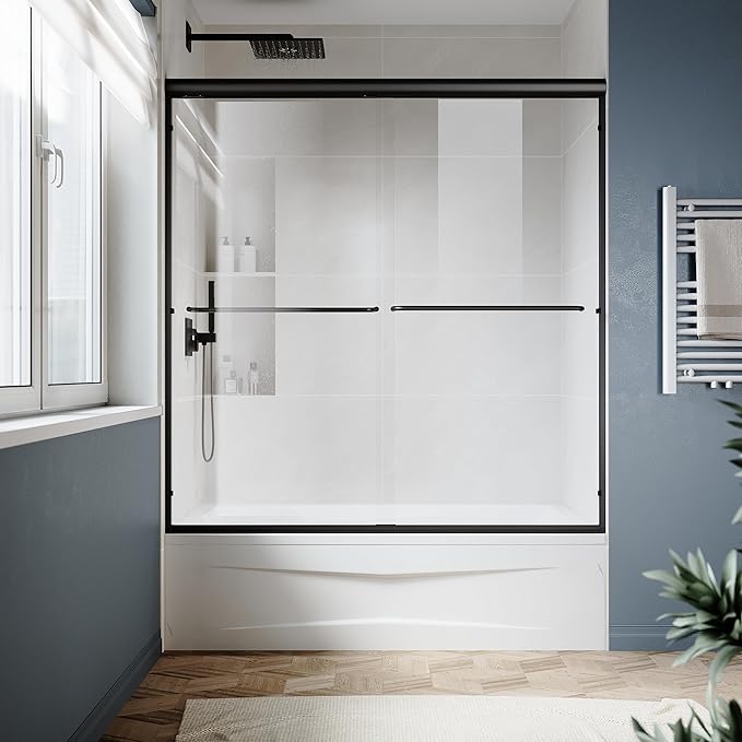 SUNNY SHOWER Double Sliding Glass Door 60" W x 57" H Shower Door 1/4" Tempered Glass Sliding Door Semi-Frameless Shower Glass Enclosure Bypass Walk in Shower Cabin, Matte Black