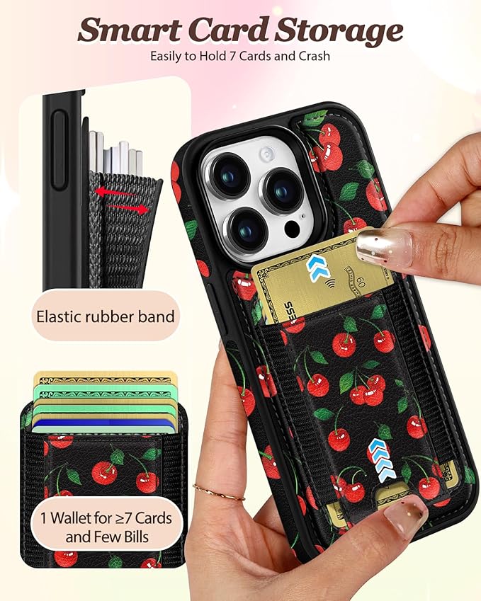 Shorogyt for iPhone 14 Pro Case Wallet - Fits 5 Cards, Compatible with Magsafe Detachable Magnetic Credit Card Holder Leather Cardholder Cute Phone Cover Women Girls for Apple 14Pro, Cherry