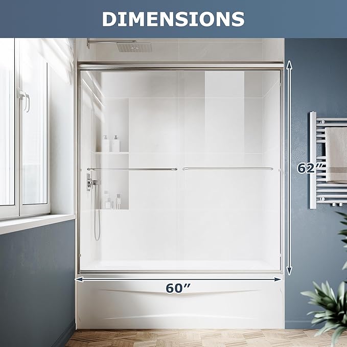 SUNNY SHOWER Double Sliding Glass Door 60" W x 62" H Shower Door 1/4" Tempered Glass Sliding Door Semi-Frameless Shower Glass Enclosure Bypass Walk in Shower Cabin, Brushed Nickel