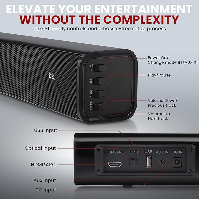 Pyle Wave Base Wireless BT Soundbar - Compact Tabletop Home Theater Sound System with AUX, Extended Bass, Full-Range Stereo, TV Stand Mount, LED Indicators, Easy Setup, 23' x 2' x 2” in