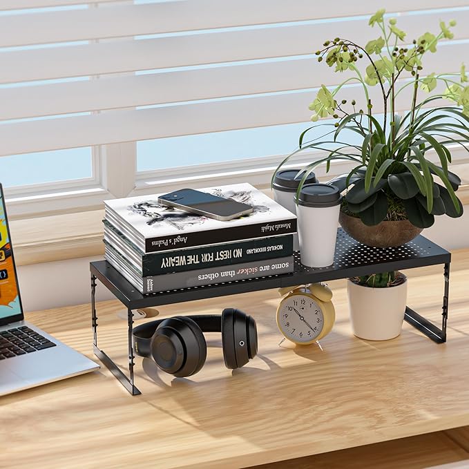 Adjustable Stackable Metal Storage Shelf Organizer - Expandable Wire Rack with Perforations for Kitchen, Pantry, Bathroom, Cabinet & Office-Compact, Durable & Sturdy (3PACKS/Large/Black)