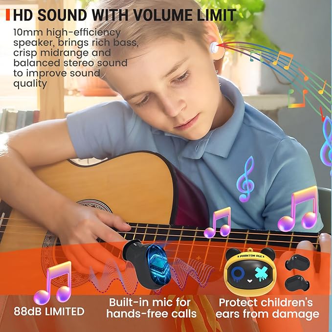 Kids Wireless Earbuds with Rotating Chaging Case Wireless Bluetooth Earbuds for Kids, Kid Ear Buds with Mic, 88dB Safe Volume, Earphones Earpods in-Ear for Android iOS Cell Phone Laptop, Bear