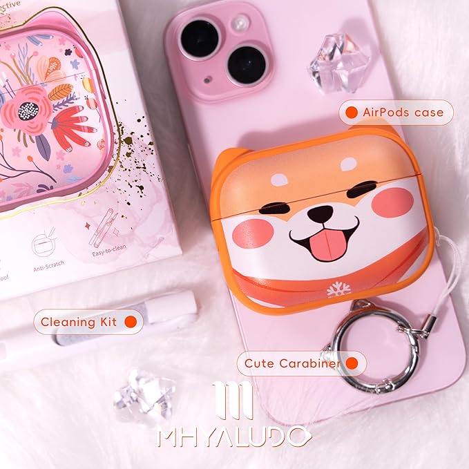 for AirPods Pro 2 Case with Cleaning Kit, Cute Cat Ear Print Design & Cute Buckle for Girls, Phone Holder & Top Safe Lock Buckle Design for AirPods Pro 2nd/1st Gen case, Orange Dog