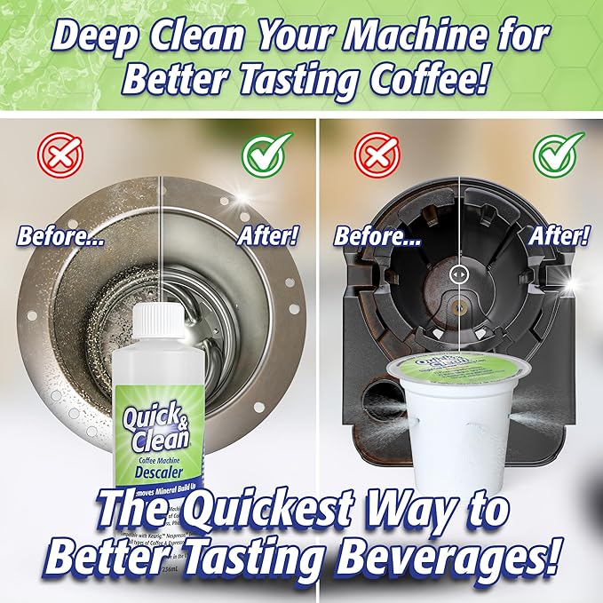 Quick & Clean 4-Pack of Cleaning Cups + 2 Filters with Descaler Bundle (2 Total Uses) - 2.0 Compatible, Descaling Solution for Keurig, Nespresso, Ninja, Delonghi, All Coffee and Espresso Machines…