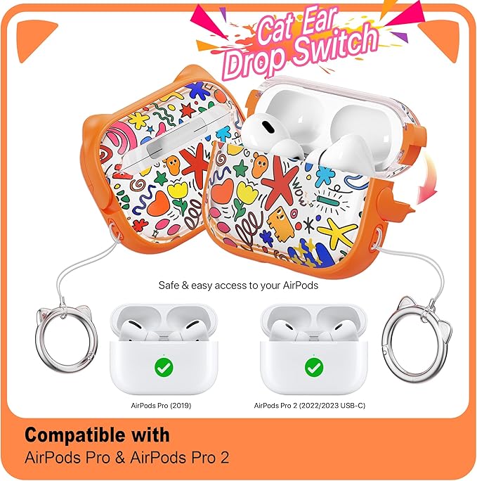 RFUNGUANGO AirPods Pro Case for Women Girly Cat Case with Lock, Phone Stand, Keychain & Cleaner Kit, Compatible with Apple Airpods Pro 2nd/1st Generation Case Cover, Orange Graffiti