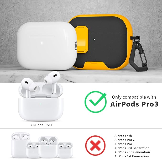 for AirPods Pro 3 Case with Lock,TPU Leather Texture Durability Anti-Lost & Shockproof Protective Cover Accessories with Cleaning Kit in Keychain for Apple AirPod Pro 3 Generation 2025(Yellow/Black)