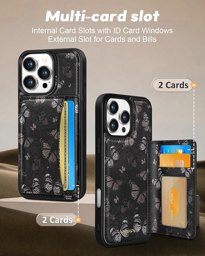 for iPhone 13 Pro Case with Wallet - Fits 4 Card Slots,Compatible with MagSafe for Women Aesthetic Durable PU Leather Credit Card Holder Kickstand Phone Cover for Apple 13 Pro, Black Butterfly