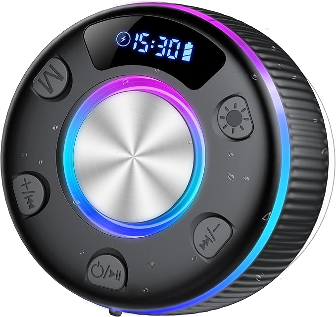 Bluetooth Shower Speaker, IP7 Waterproof Portable Bluetooth 5.3 Speakers with Suction Cup, Mini Wireless Speaker with RGB Lights Time Display, Loud Stereo Sound for Bathroom Beach Travel Outdoor Party