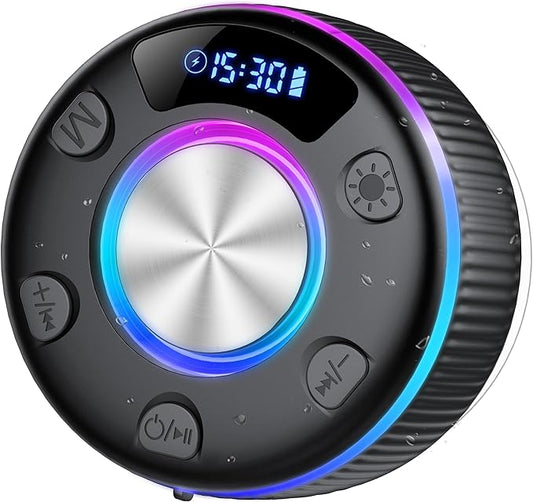 Bluetooth Shower Speaker, IP7 Waterproof Portable Bluetooth 5.3 Speakers with Suction Cup, Mini Wireless Speaker with RGB Lights Time Display, Loud Stereo Sound for Bathroom Beach Travel Outdoor Party