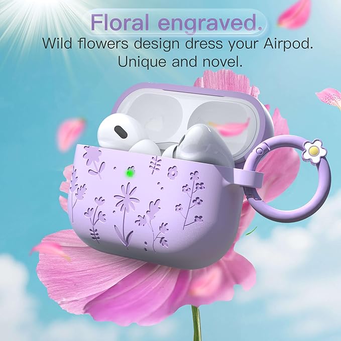 for AirPods Pro 3 Case (2025) DamonLight Floral Engraved Shockproof Protective Soft Silicone Case Cover with Cleaning Pen and Floral Keychain for Apple Airpods Pro 3rd Generation (Purple)