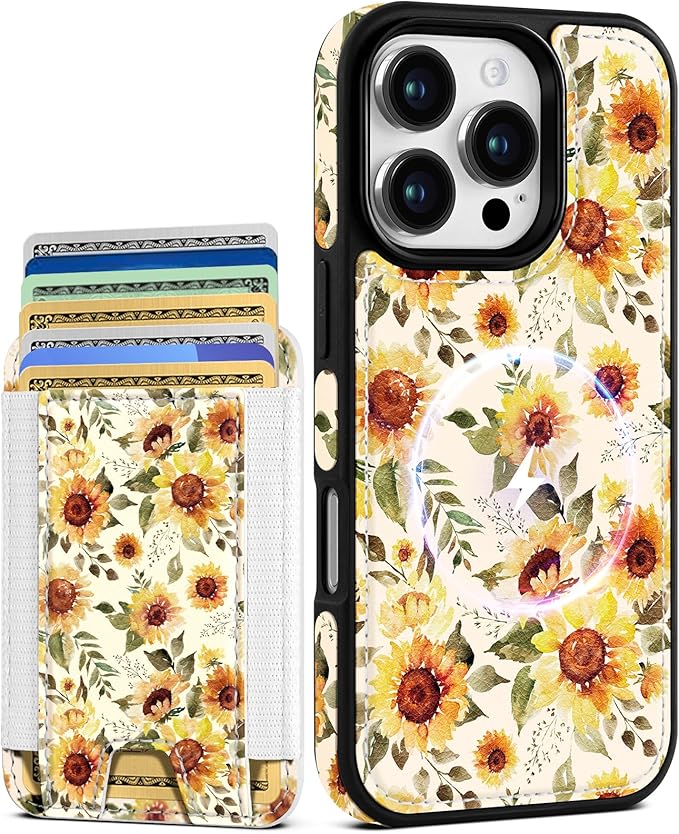 Shorogyt for iPhone 16 Pro Max Case Wallet - Fits 5 Cards, Compatible with Magsafe Detachable Magnetic Credit Card Holder Leather Cardholder Cute Phone Cover Women Girls for Apple 16 ProMax, Sunflower