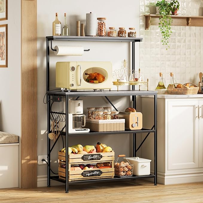 Huuger 4-Tier Bakers Rack with Reversible Power Outlet, 31.5 Inch Microwave Stand with Paper Towel Holder, Kitchen Bar, Larger Storage with Top Shelf, 6 S Hooks, Grey