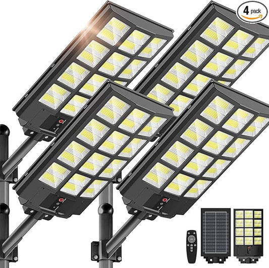 5000W Solar Street Lights Outdoor Commercial, 6500K Wide Angle Motion Sensor LED Flood Light with Remote, Solar Lights IP66 Waterproof Dusk to Dawn Lighting for Parking Lot Yard Driveway (4 Pack)