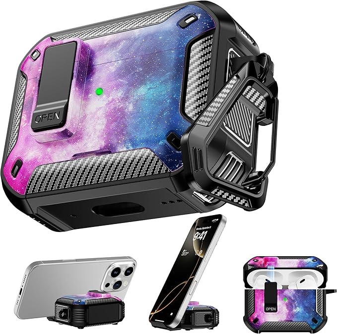 RFUNGUANGO Compatible AirPods Pro 2nd Generation Case with Phone Holder and Compatible Back Magnetic Suction Function, Suitable for AirPods Pro 2 Case, Black+Starry Sky
