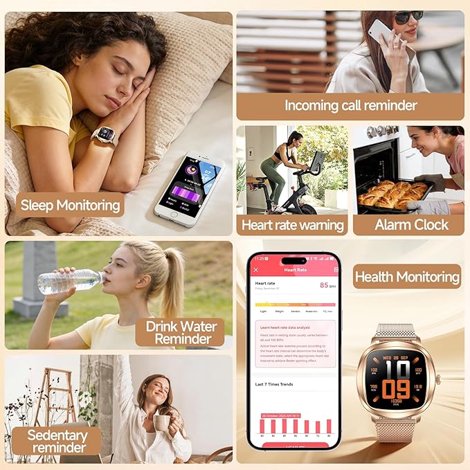 Smart Watch for Women, 1.72" Fitness Tracker with Answer/Make Calls, Sleep/Heart Rate Monitor, Smartwatch for Android iOS Support 100+ Sports Modes, IP68 Waterproof, Fitness Watch with 2 Band (Gold)