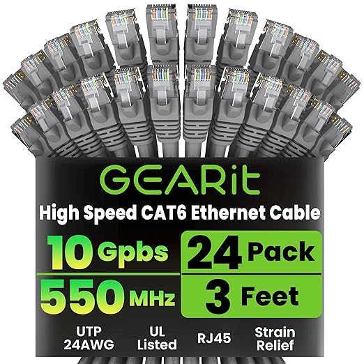 GEARit Cat 6 Ethernet Cable (24-Pack 3 Feet) Cat6 Network Patch, 10Gbps, RJ45, Snagless Cord, Gold-Plated Connectors, Internet for PC, TV, Tablet, Router, Printer, Servers, IT Data Center - Gray