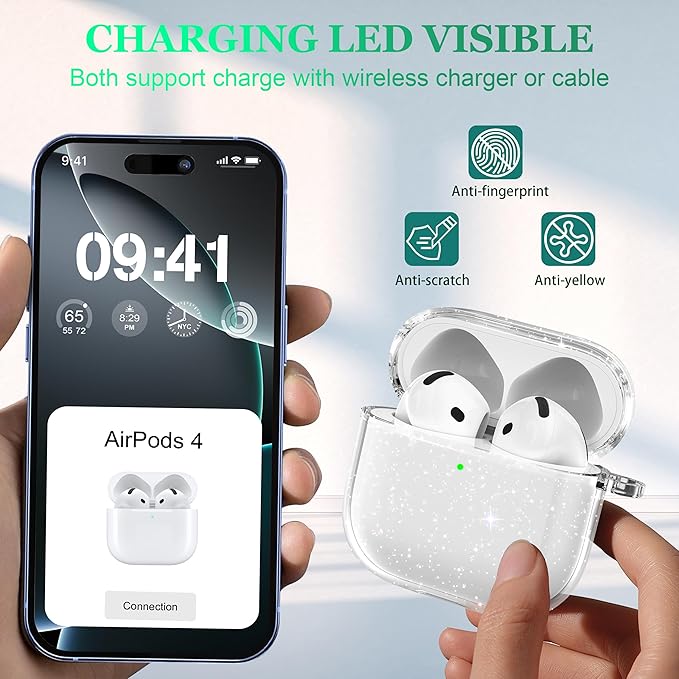 for AirPods 4th Generation Case Cover 2024, Military-Grade Shockproof, Soft TPU Highly Transparent Anti-Yellowing for AirPods 4 Case with Cleaning Kit & Cute Round Buckle, Gitter